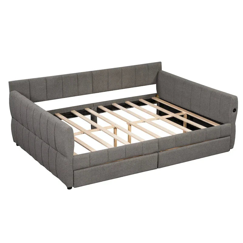 Upholstered Queen Size Daybed Sofa Bed with USB Ports and 2 Drawers - Vertical Stripes Recliner Loveseat Chaise Lounge 28