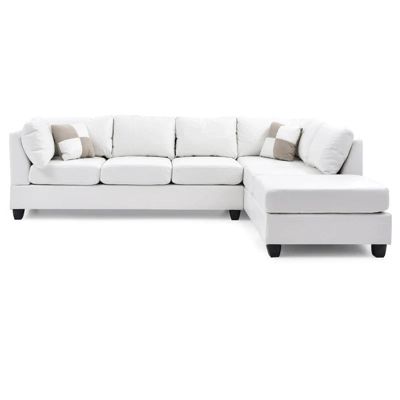 111 White Reversible Faux Leather 4-Seater Sectional Sofa with Throw Pillows 1