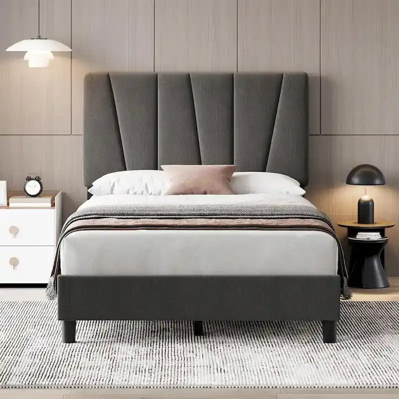 Sturdy Wooden Slat Linen Upholstered Platform Bed Frame 1