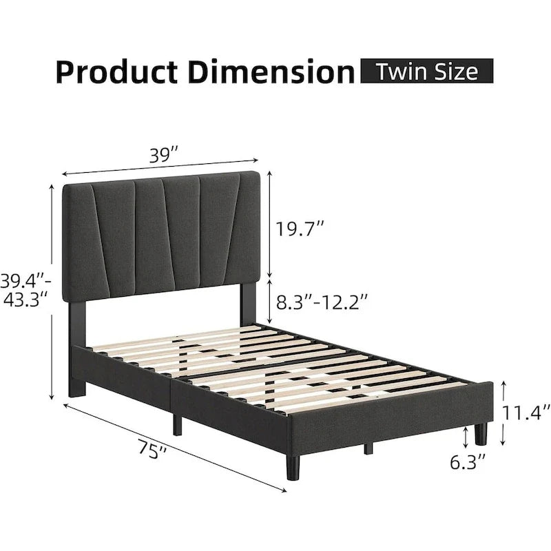 Sturdy Wooden Slat Linen Upholstered Platform Bed Frame 2