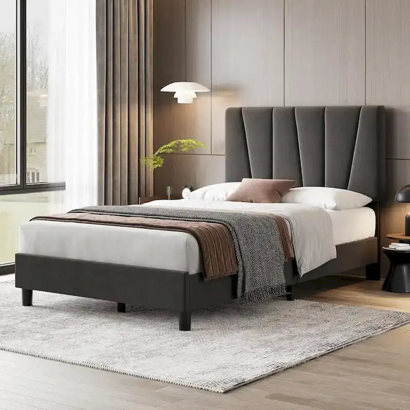 Sturdy Wooden Slat Linen Upholstered Platform Bed Frame 3
