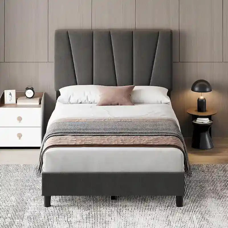 Sturdy Wooden Slat Linen Upholstered Platform Bed Frame 4
