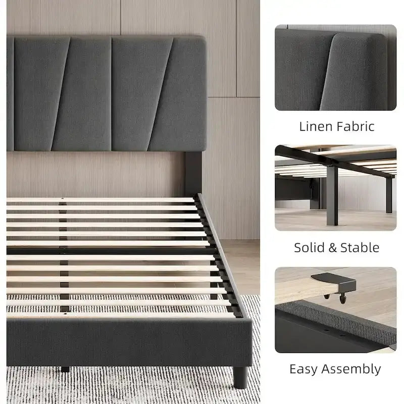 Sturdy Wooden Slat Linen Upholstered Platform Bed Frame 6