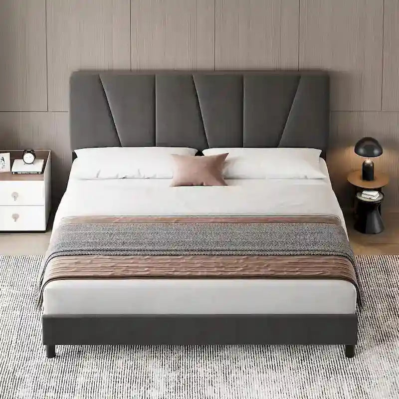 Sturdy Wooden Slat Linen Upholstered Platform Bed Frame 8