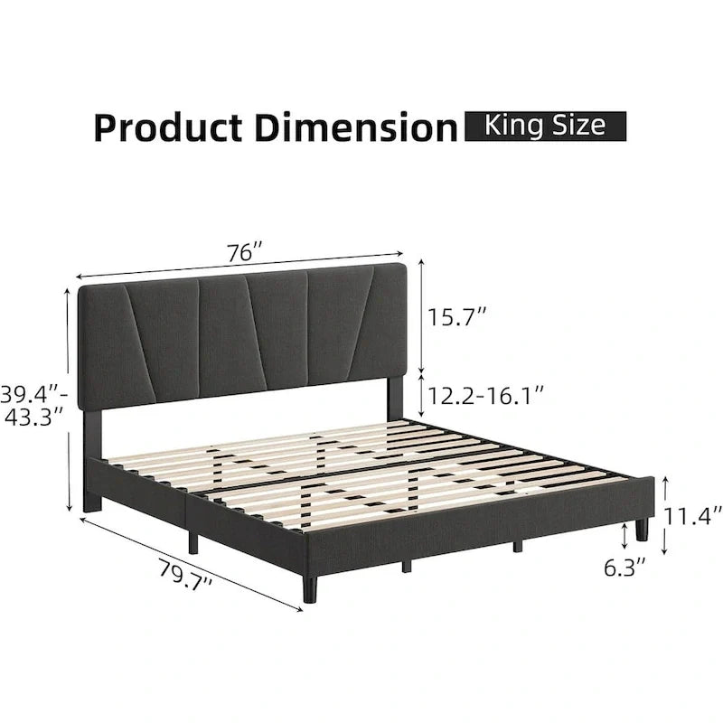 Sturdy Wooden Slat Linen Upholstered Platform Bed Frame 9