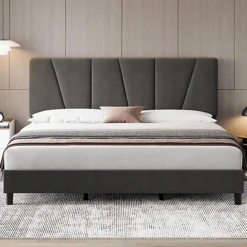 Sturdy Wooden Slat Linen Upholstered Platform Bed Frame 10