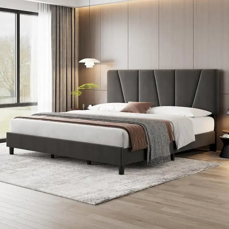 Sturdy Wooden Slat Linen Upholstered Platform Bed Frame 11