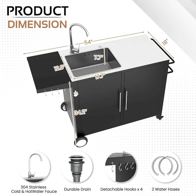 AECOJOY Stainless Steel Outdoor Kitchen Sink with Hose Hookup and Grill Prep Table Island Cabinets 3