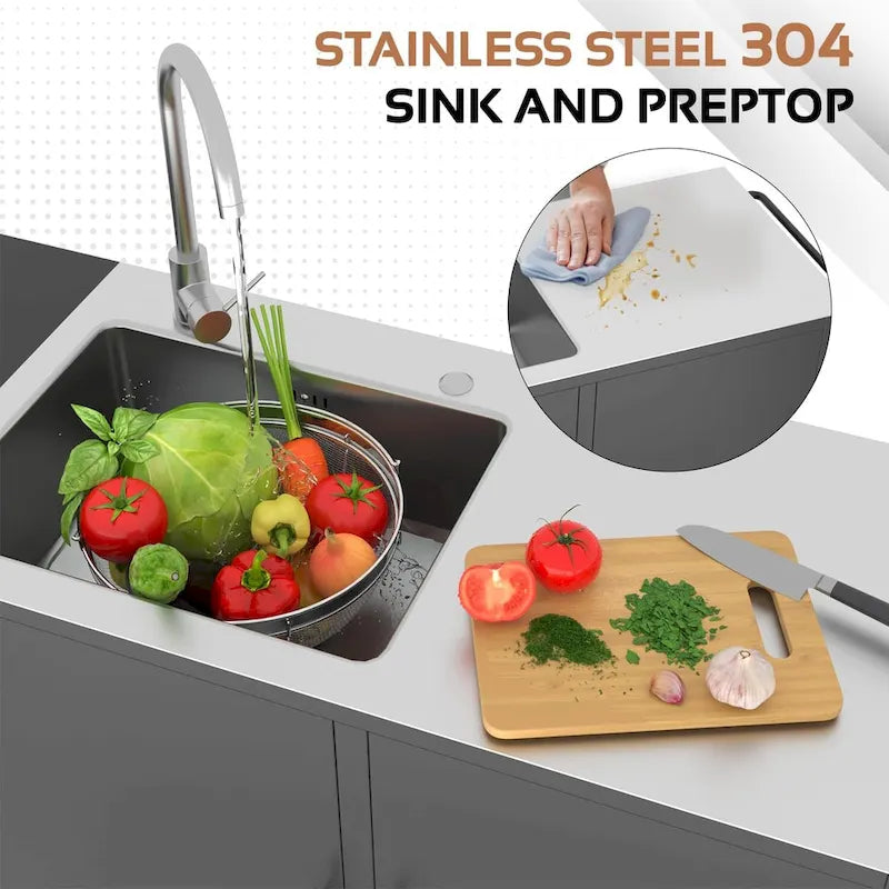 AECOJOY Stainless Steel Outdoor Kitchen Sink with Hose Hookup and Grill Prep Table Island Cabinets 5
