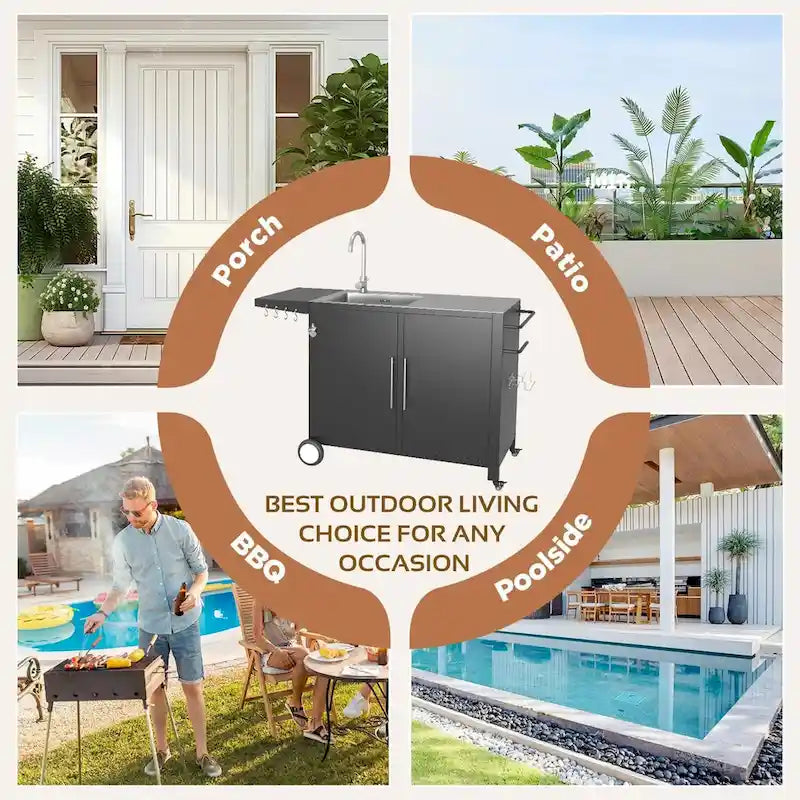 AECOJOY Stainless Steel Outdoor Kitchen Sink with Hose Hookup and Grill Prep Table Island Cabinets 8