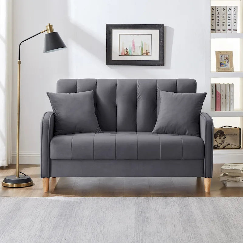Contemporary Velvet Tufted Loveseat for Small Living Spaces - Beige Upholstered Sofa 38