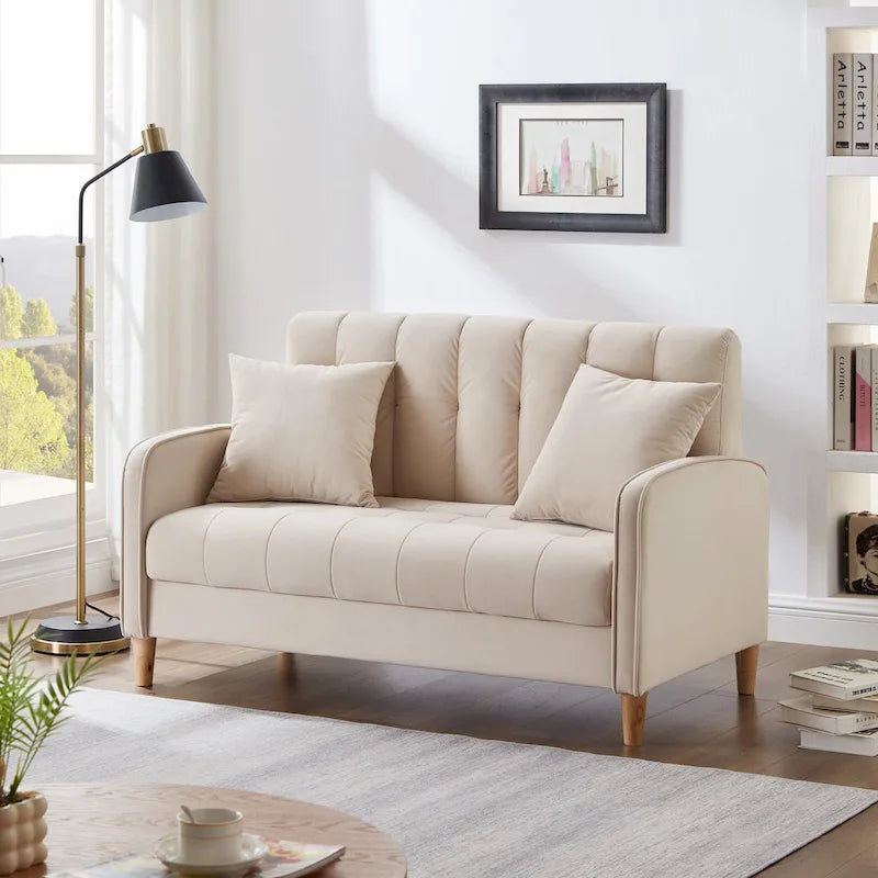 Contemporary Velvet Tufted Loveseat for Small Living Spaces - Beige Upholstered Sofa 1