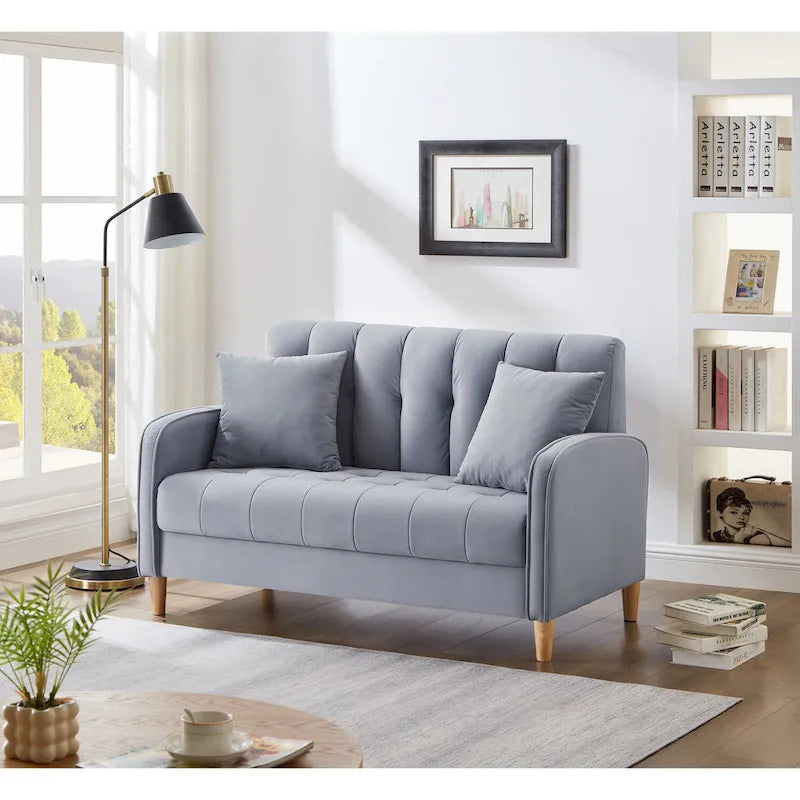 Contemporary Velvet Tufted Loveseat for Small Living Spaces - Beige Upholstered Sofa 2