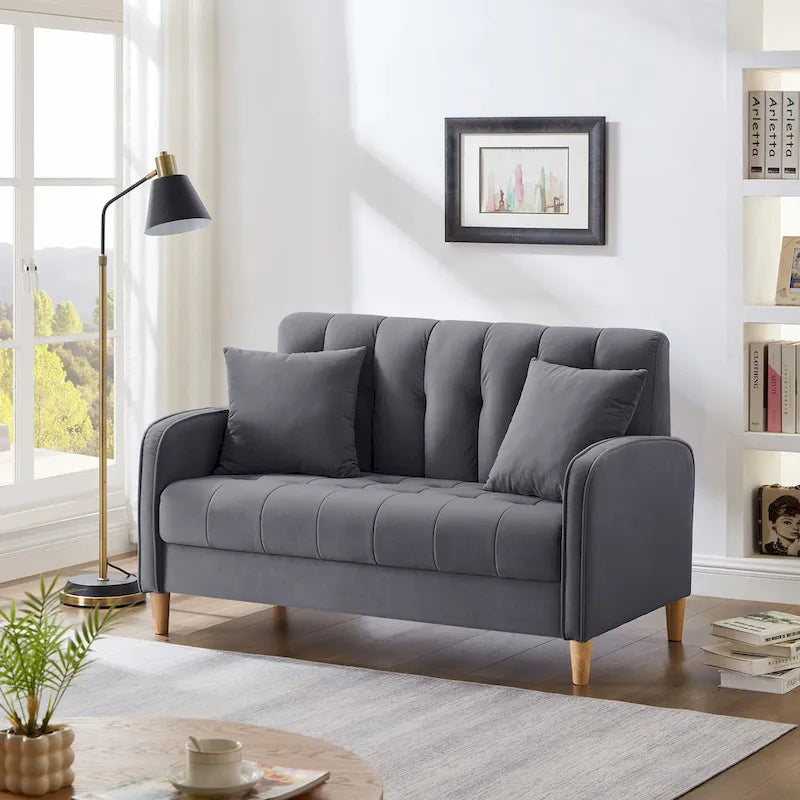 Contemporary Velvet Tufted Loveseat for Small Living Spaces - Beige Upholstered Sofa 3
