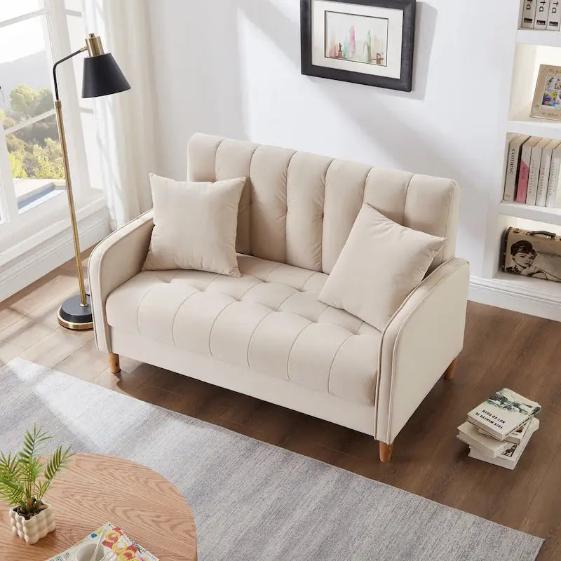 Contemporary Velvet Tufted Loveseat for Small Living Spaces - Beige Upholstered Sofa 6