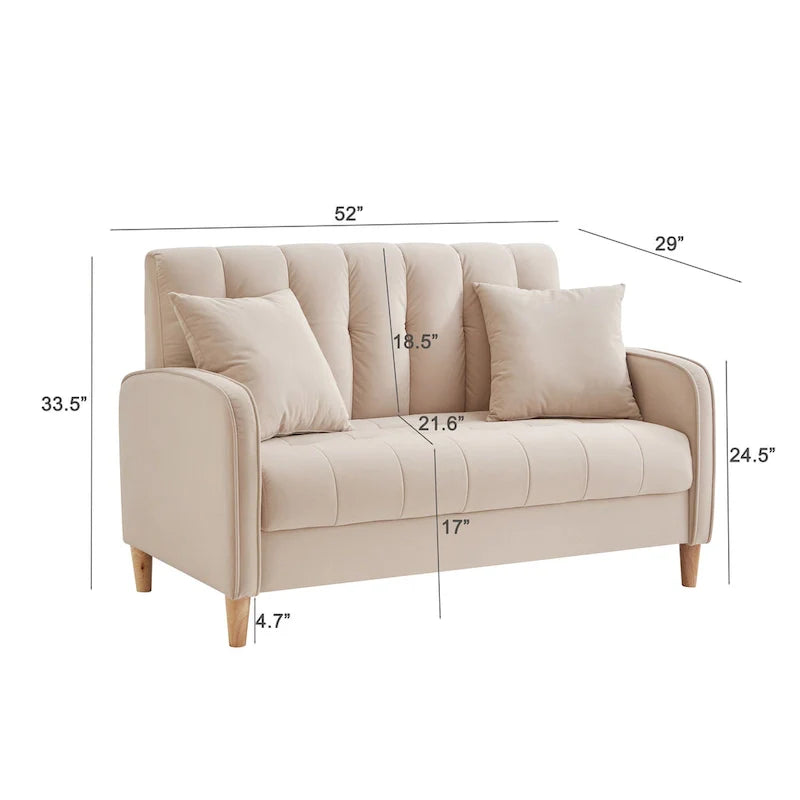 Contemporary Velvet Tufted Loveseat for Small Living Spaces - Beige Upholstered Sofa 15