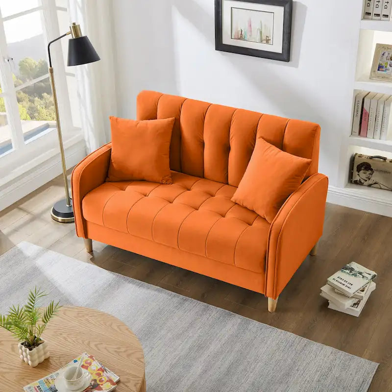 Contemporary Velvet Tufted Loveseat for Small Living Spaces - Beige Upholstered Sofa 17