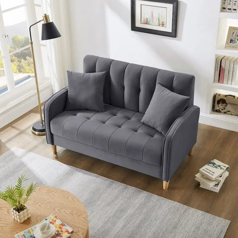 Contemporary Velvet Tufted Loveseat for Small Living Spaces - Beige Upholstered Sofa 28
