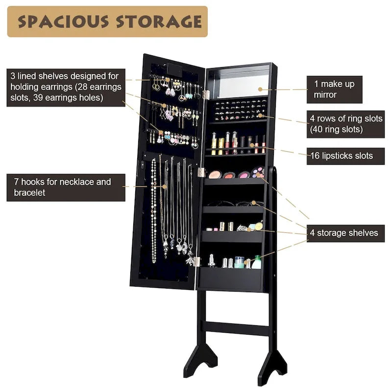 Costway Black Mirrored Jewelry Cabinet Organizer with 18 LED Lights 4
