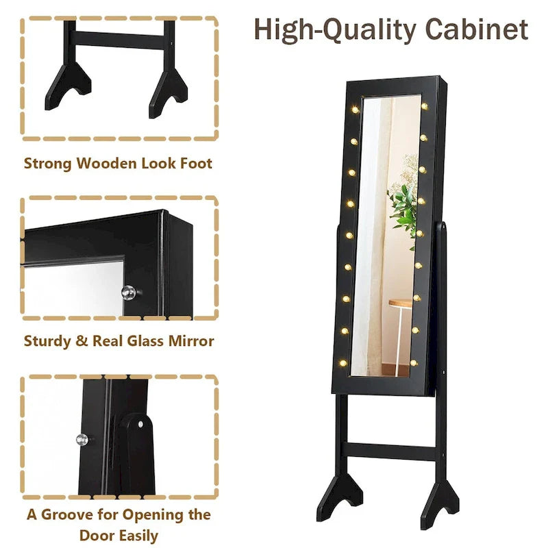 Costway Black Mirrored Jewelry Cabinet Organizer with 18 LED Lights 6
