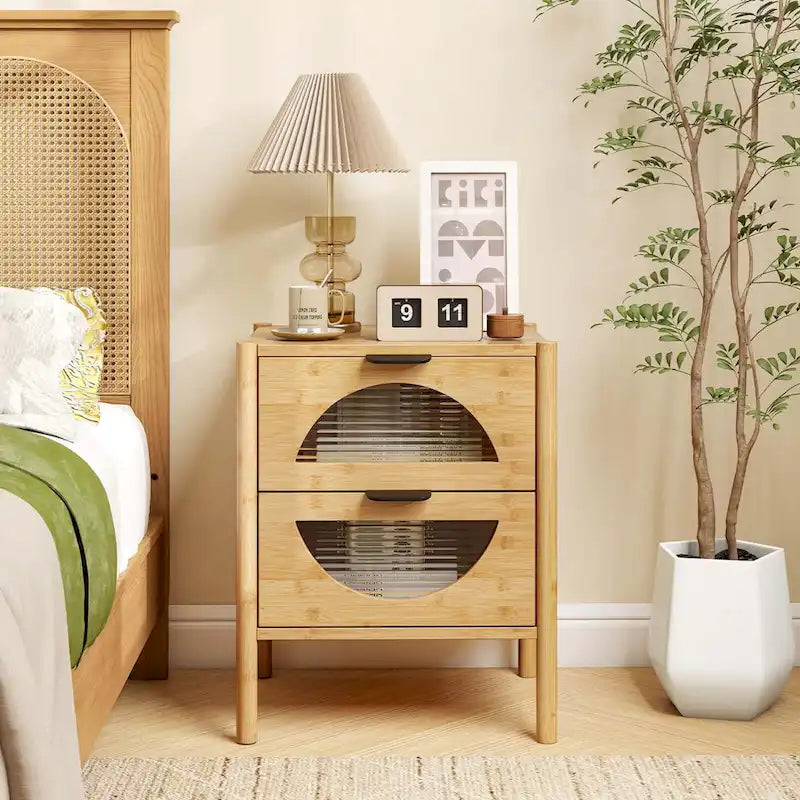 Costway Bamboo Nightstand with 2 Storage Drawers - Available in 1 or 2 Pieces with Reeded Design 1