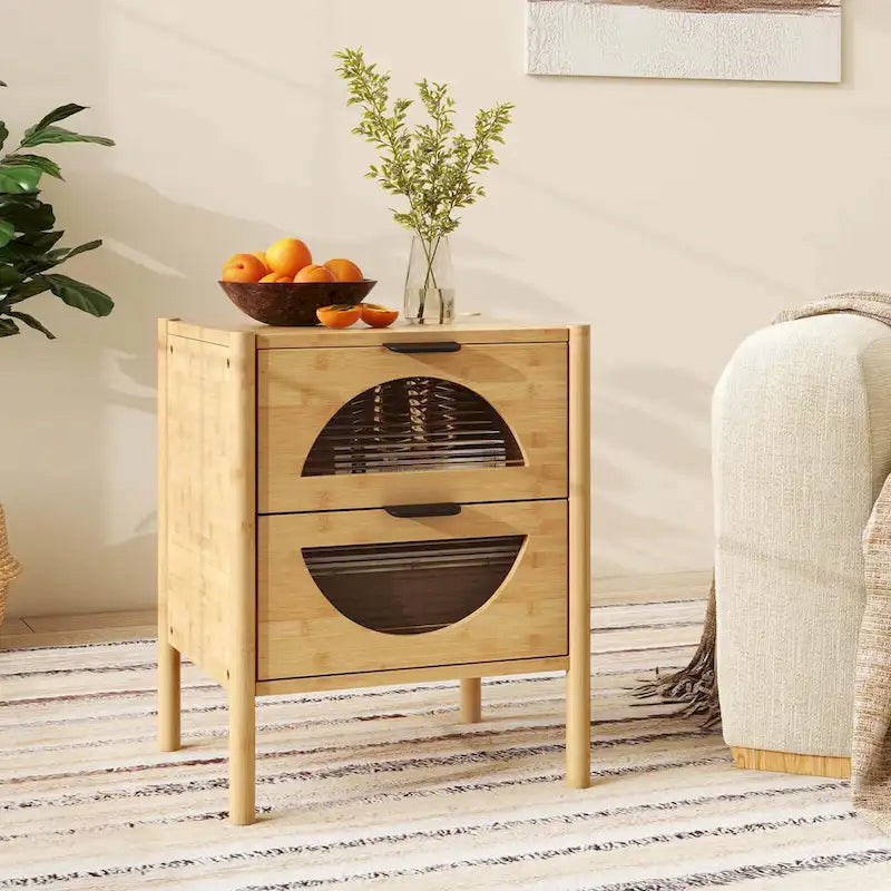 Costway Bamboo Nightstand with 2 Storage Drawers - Available in 1 or 2 Pieces with Reeded Design 2