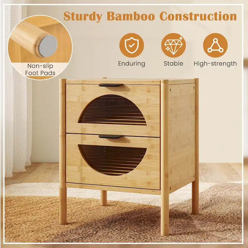 Costway Bamboo Nightstand with 2 Storage Drawers - Available in 1 or 2 Pieces with Reeded Design 3
