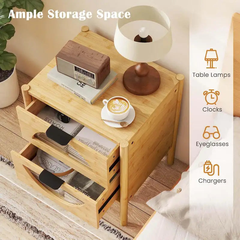Costway Bamboo Nightstand with 2 Storage Drawers - Available in 1 or 2 Pieces with Reeded Design 4