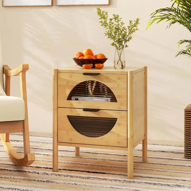 Costway Bamboo Nightstand with 2 Storage Drawers - Available in 1 or 2 Pieces with Reeded Design 6