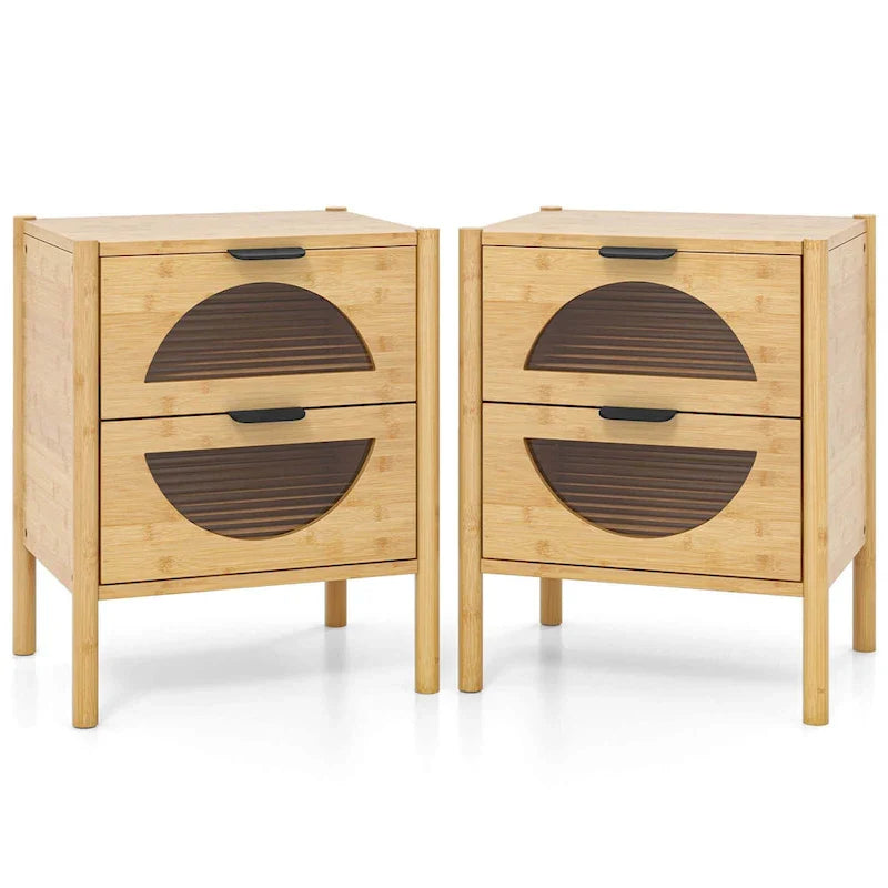 Costway Bamboo Nightstand with 2 Storage Drawers - Available in 1 or 2 Pieces with Reeded Design 8