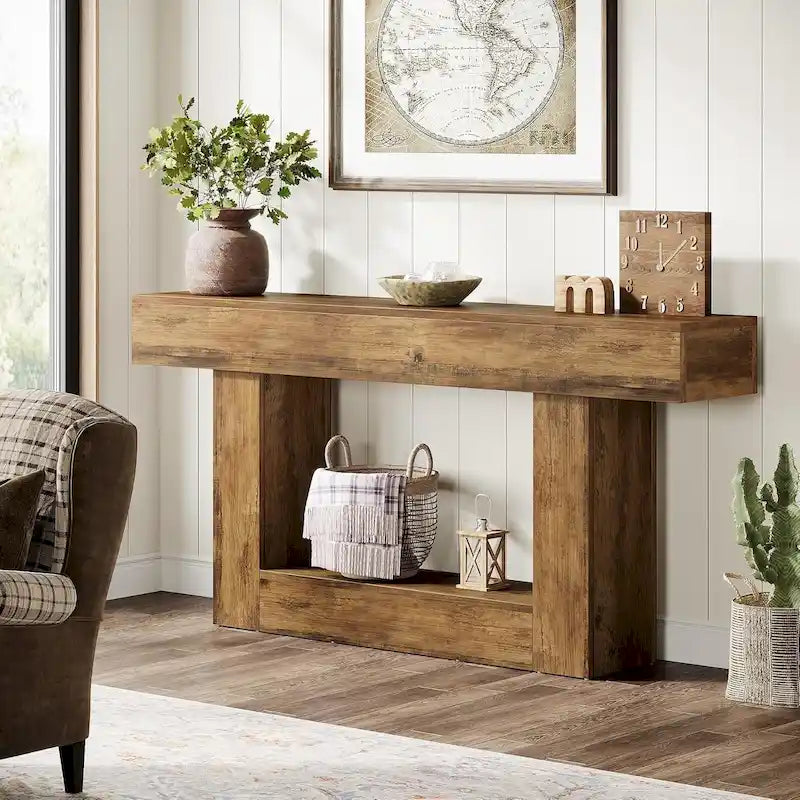 63-Inch Brown and Gray Slim Wooden Console Table for Entryway 30