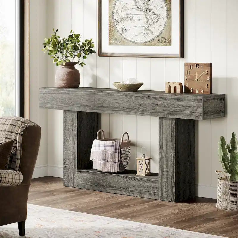 63-Inch Brown and Gray Slim Wooden Console Table for Entryway 32