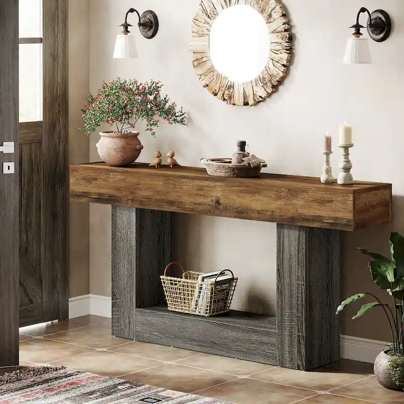 63-Inch Brown and Gray Slim Wooden Console Table for Entryway 1
