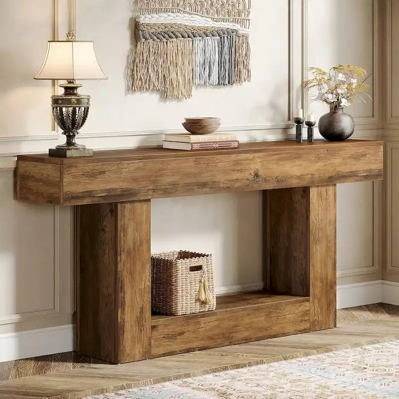 63-Inch Brown and Gray Slim Wooden Console Table for Entryway 4