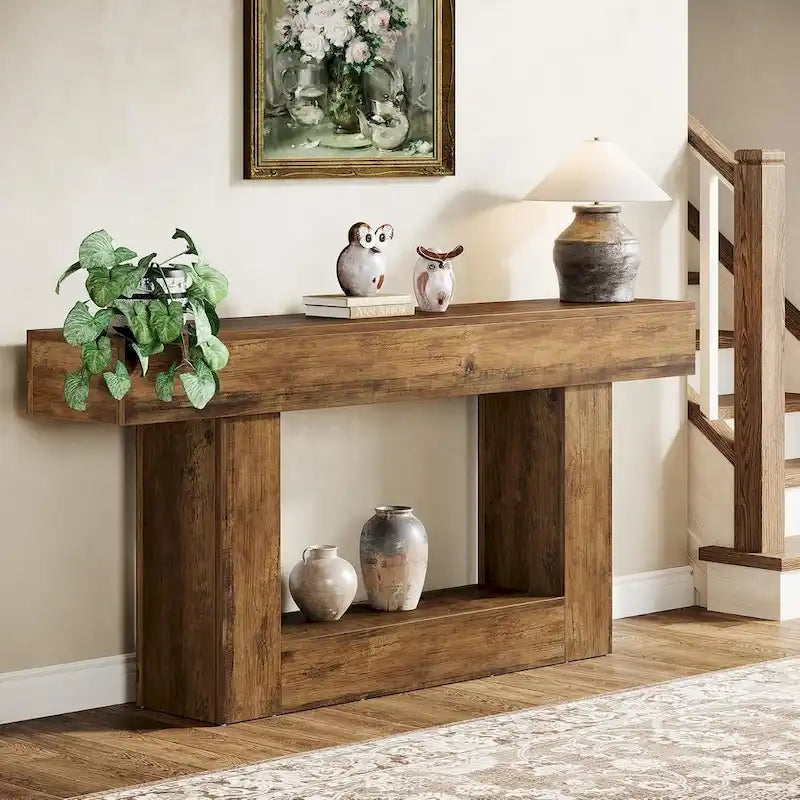 63-Inch Brown and Gray Slim Wooden Console Table for Entryway 5
