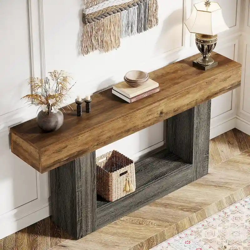 63-Inch Brown and Gray Slim Wooden Console Table for Entryway 13