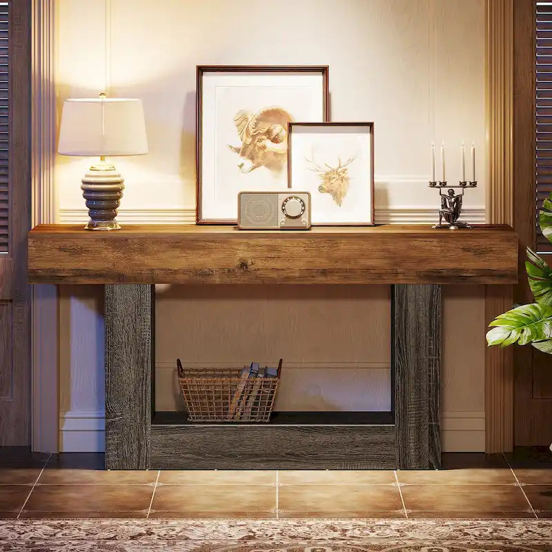 63-Inch Brown and Gray Slim Wooden Console Table for Entryway 14