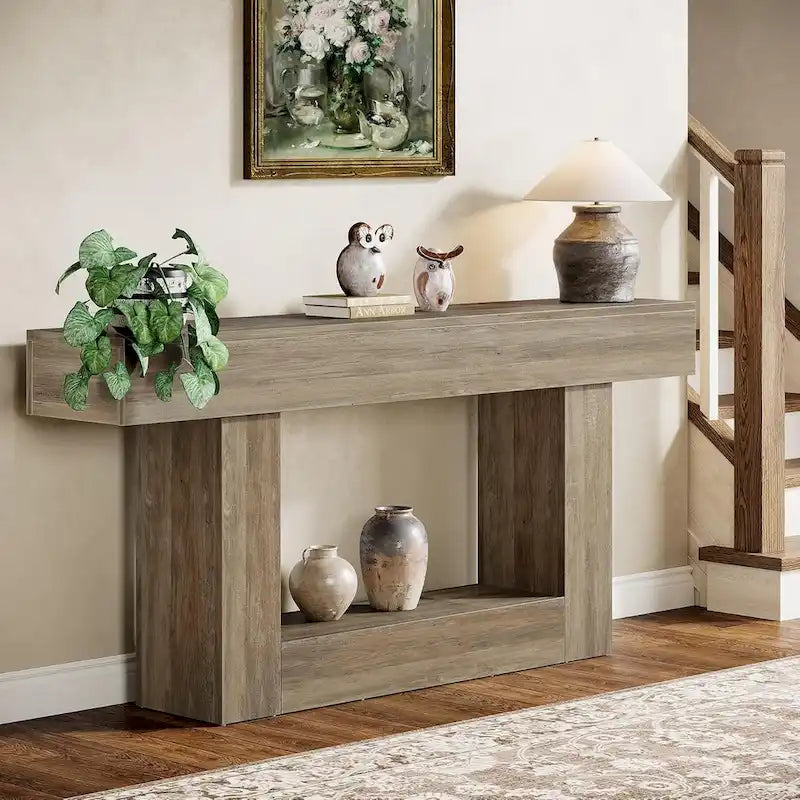 63-Inch Brown and Gray Slim Wooden Console Table for Entryway 15