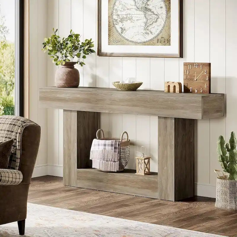 63-Inch Brown and Gray Slim Wooden Console Table for Entryway 16