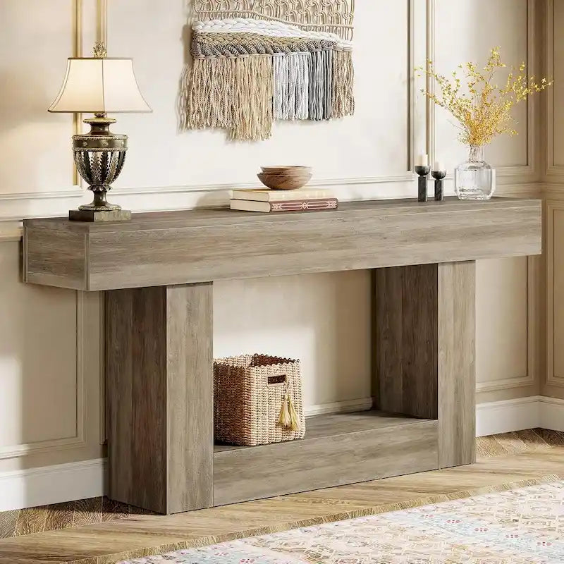 63-Inch Brown and Gray Slim Wooden Console Table for Entryway 17
