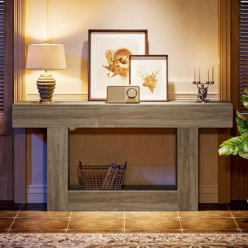 63-Inch Brown and Gray Slim Wooden Console Table for Entryway 20