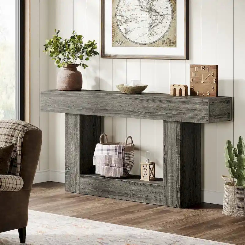 63-Inch Brown and Gray Slim Wooden Console Table for Entryway 22