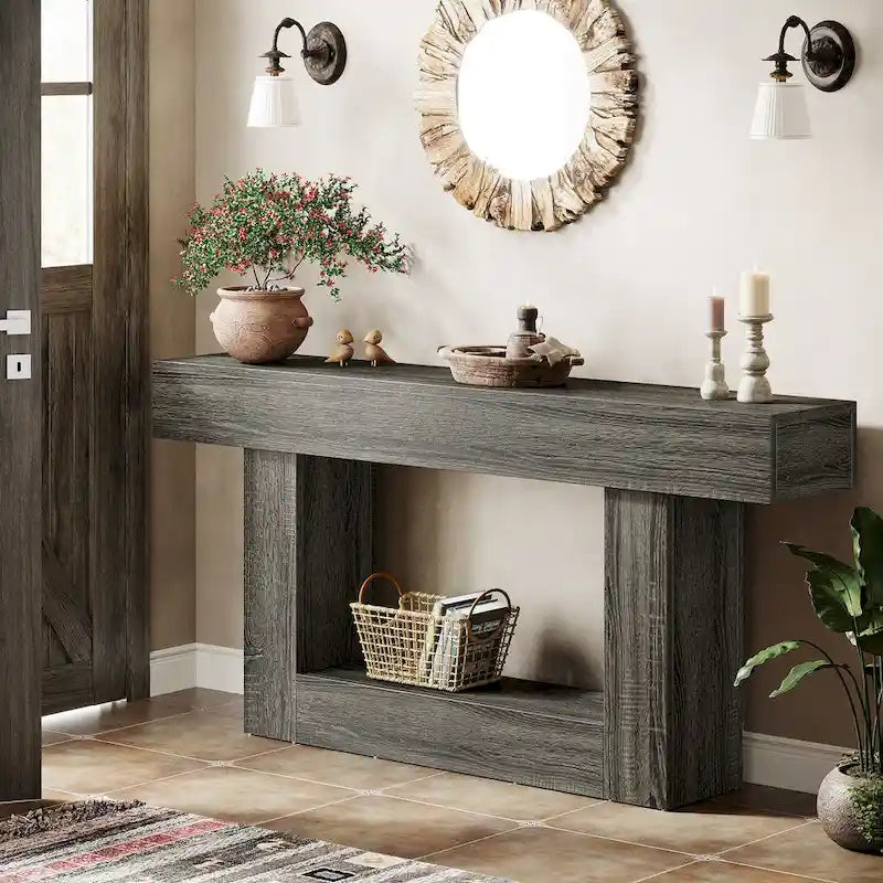 63-Inch Brown and Gray Slim Wooden Console Table for Entryway 23