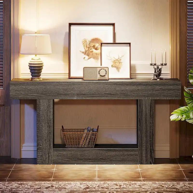 63-Inch Brown and Gray Slim Wooden Console Table for Entryway 24