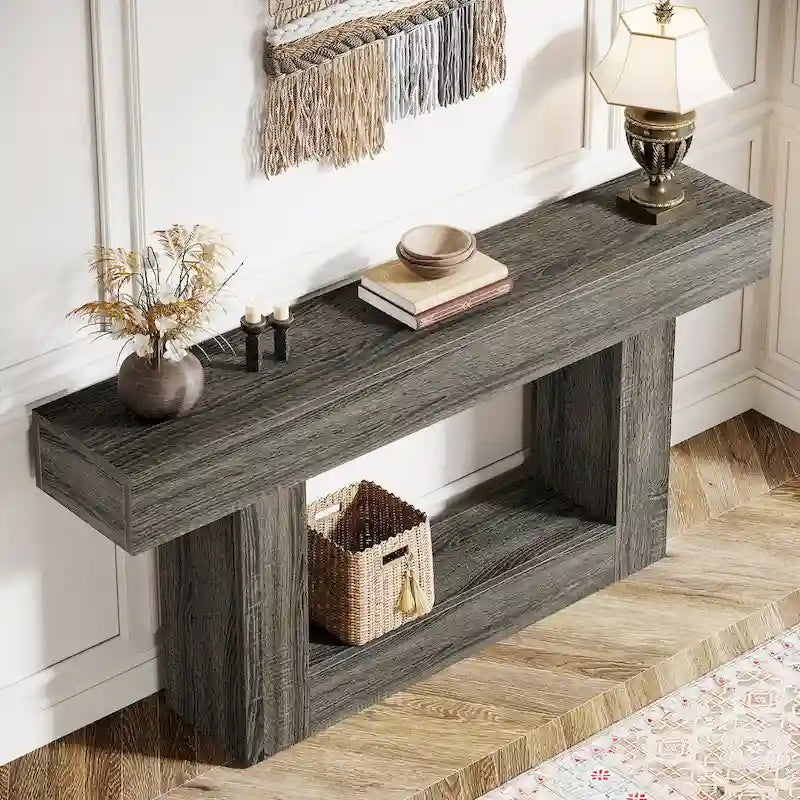 63-Inch Brown and Gray Slim Wooden Console Table for Entryway 25