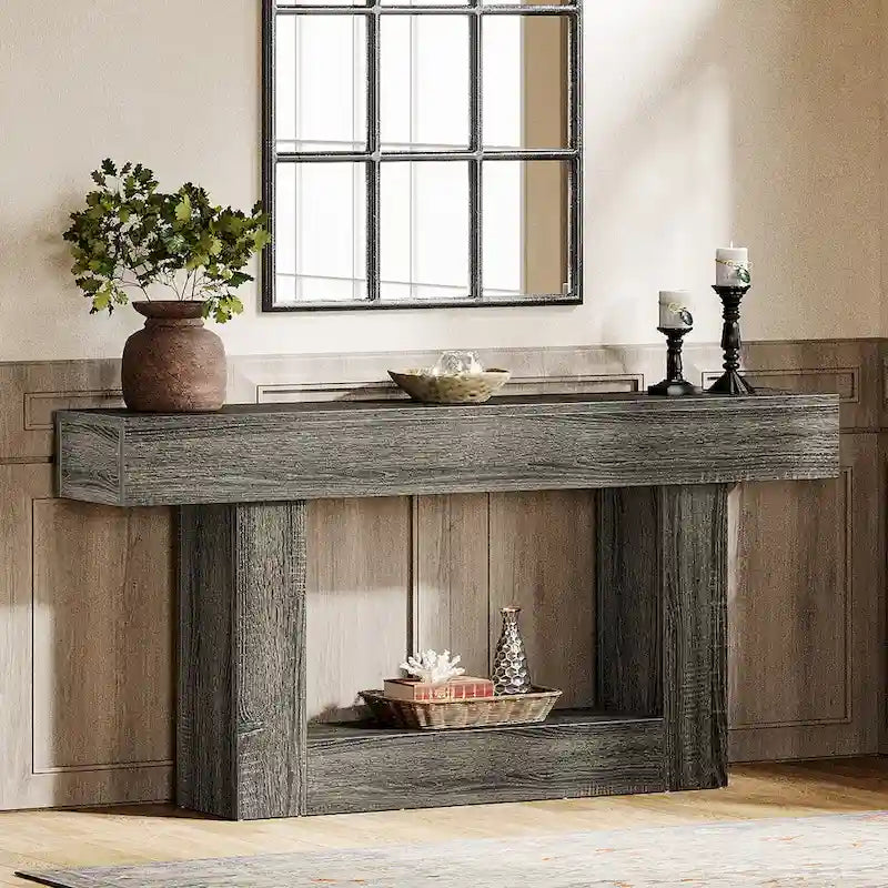 63-Inch Brown and Gray Slim Wooden Console Table for Entryway 28
