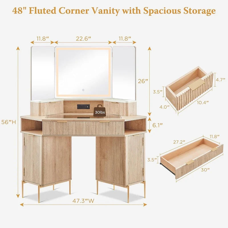 Contemporary Fluted Makeup Vanity Table with 3-Way Mirror and Integrated Lighting 2