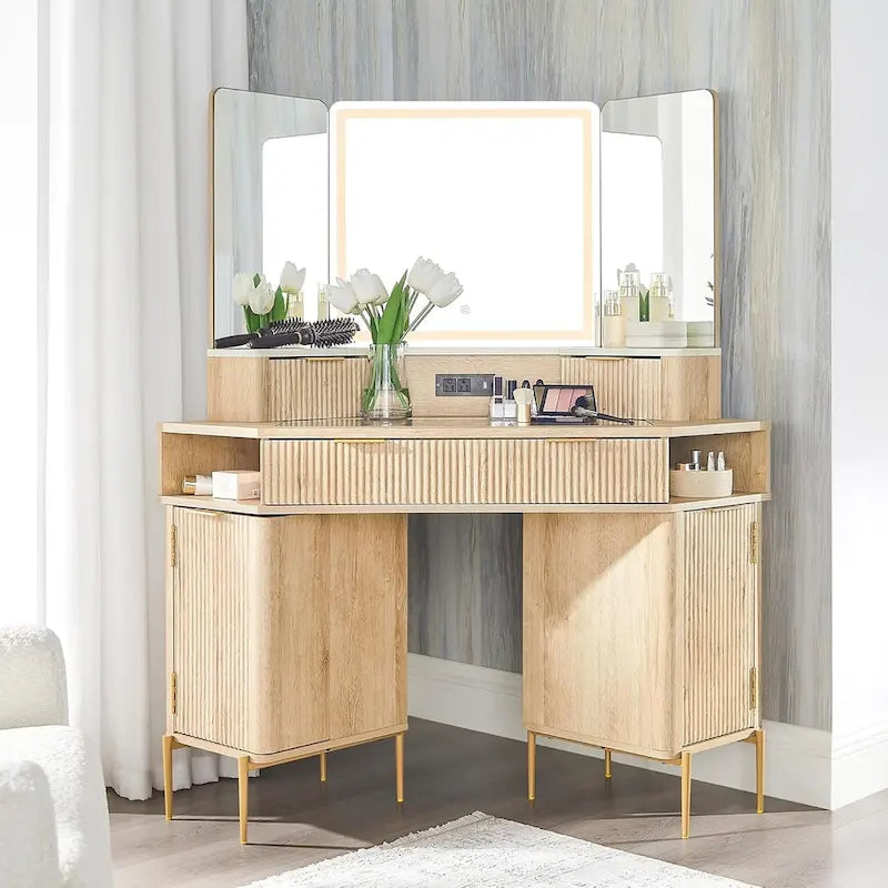 Contemporary Fluted Makeup Vanity Table with 3-Way Mirror and Integrated Lighting 3