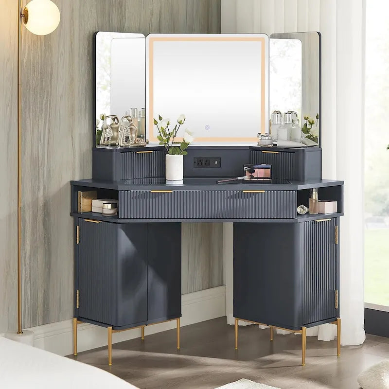 Contemporary Fluted Makeup Vanity Table with 3-Way Mirror and Integrated Lighting 4