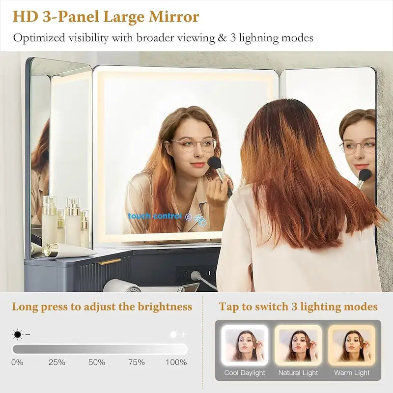Contemporary Fluted Makeup Vanity Table with 3-Way Mirror and Integrated Lighting 5